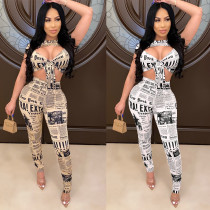 Band print chest wrap waist open two-piece trousers club clothes KA7080