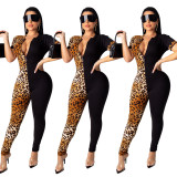 Hot Sale Leopard Print Patchwork Slim Zipper Ladies Jumpsuit CY1200