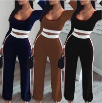 Fashion casual solid color stitching U-neck slim long-sleeved top loose trousers sports two-piece su