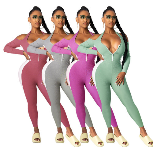 Large size solid color stitching sexy long-sleeved jumpsuit MY9743