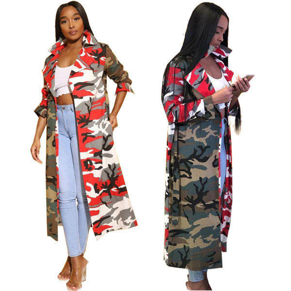 Hot Sell Turn-Back Collar Camouflage Long Coat With Belt ARM8137