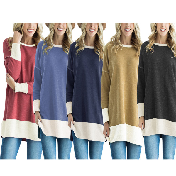 Long Style Contrast Color Round Neck Women T-Shirt TRS709
