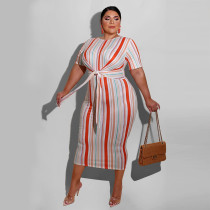 Striped print tie fashion plus size women's dress OSS20780