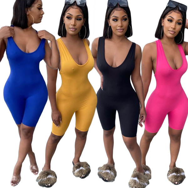 Sexy Solid Color Suspenders Backless Bodycon Jumpsuit YY5194