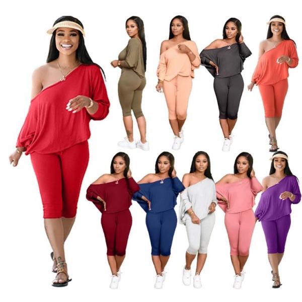Sexy Solid Color Slash Neck Long Sleeves Loose Top With Shorts Plus Size Two Piece Set H1533