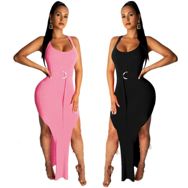 Stretchy Ribber Sleeveless Pink/Black Long Dress E8394