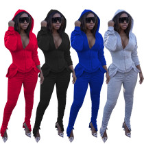 Sexy Solid Color Long Sleeves Hooded Top With Pleated Split Pants Bodycon Two Piece Set W8324