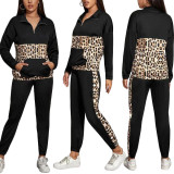 Long Sleeve Zipper Top Women Pants Leopard Printed Patchwork Sets SN2055