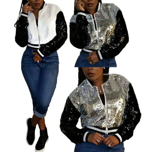 Hot Sale Zipper Contrast Color Sequined Coat For Women CCY8176