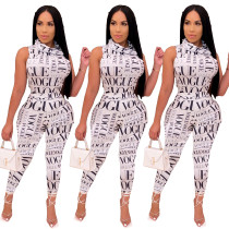 Fashion high collar letter printing two-piece suit ML7356