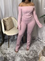 Sexy Solid Color Off Shoulder Long Sleeves Mini Top With Split Trousers Two Piece Set RM9712