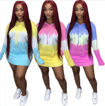 Fashion Tie Dye Printed Long Sleeves Hooded Sweater Mini Dress XM1161