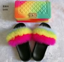 Color frosted diamond check big Chanel jelly bag with fox fur grass lady slippers set JBD00802