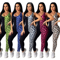 Leopard print color-blocking vest sports jumpsuit trousers women ME2869