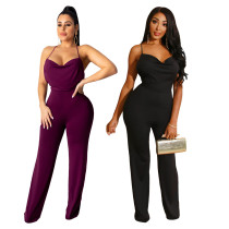 Sexy women's solid color strapless open-back jumpsuit SH7135