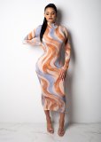 Printing High Waist Long Sleeve Midi Dress For Daily Wear D8190