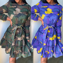 Casual Irregular Ladies O Neck Camouflage Ruffle Dress KSN5073