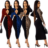 Slim Fitting Hollow Out Leopard Print Splicing Dress For Sale YY5120