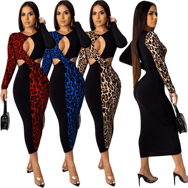Slim Fitting Hollow Out Leopard Print Splicing Dress For Sale YY5120