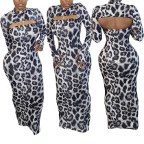 Sexy hollow leopard print mid-length dress HM5358