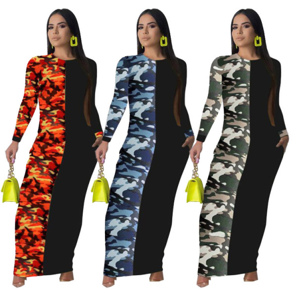 Hot Sell Round Neck Camouflage Patchwork Ankle Length Dress BLX7333