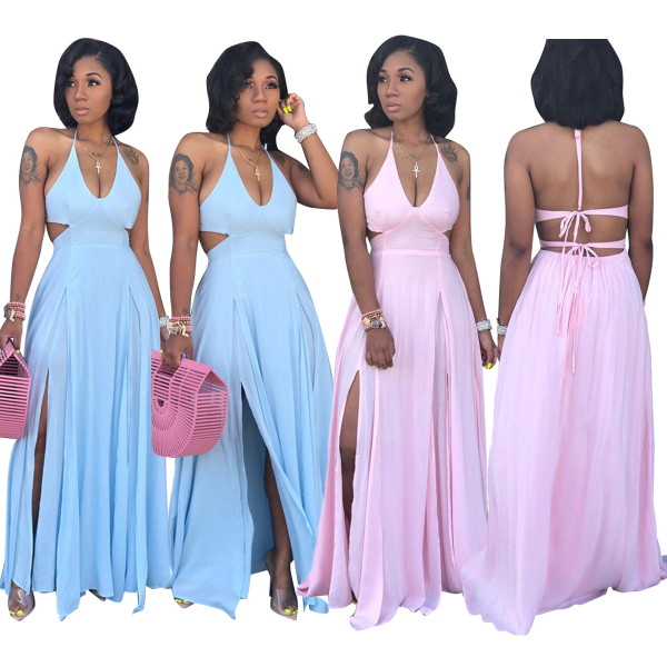 Elegant Women Split Blue/Pink Condole Belt Maxi Dress JH118