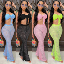 Sexy cutout mesh wrap chest flared pants two-piece set CYF3599