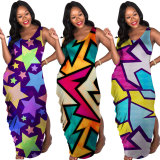 Colorful Satars Printed Sleeveless Plus Size Dress MA6079