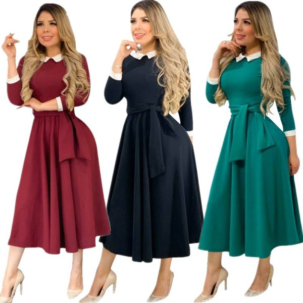 Elegant Women's Solid Color Long Sleeves Belted Leisure Dress SMD7031