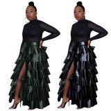 Trendy Women High Slit Pu Leather Layered Ruffled Party Maxi Skirt F8254