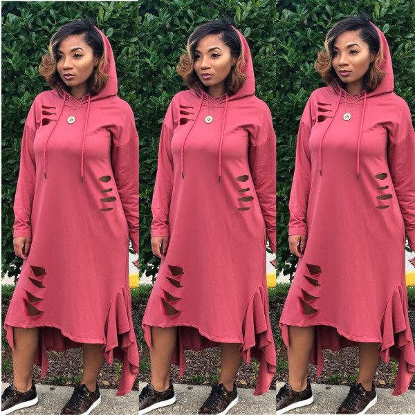 Trendy Solid Hollow Out Long Sleeve Ruffle Hooded Dresses YT3076