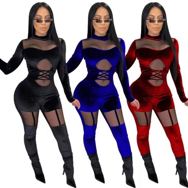 Party Mesh Splicing Bandage Bodycon Velvet Sexy Solid Jumpsuits TK6061