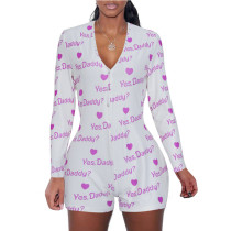 Sexy deep V-neck printed long-sleeved one-piece hot pants party jumpsuit women DZ002