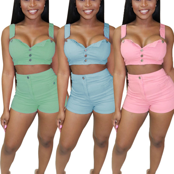Denim Leisure Female Suits Strappy Top Bodycon Shorts X9172