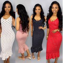 Sleeveless Sleeveless Polka Dot Print Ruffle Dress HM6082