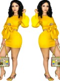 Yellow Skirt Suits Bandage Long Sleeve Top Bodycon Dress OG9037