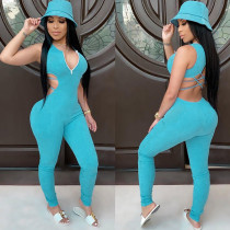 Pure color sexy hollow beautiful back buttocks sports jumpsuit P1737927
