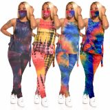 Tie-dyed round neck casual home sports trouser suit (including mask) JLX2077