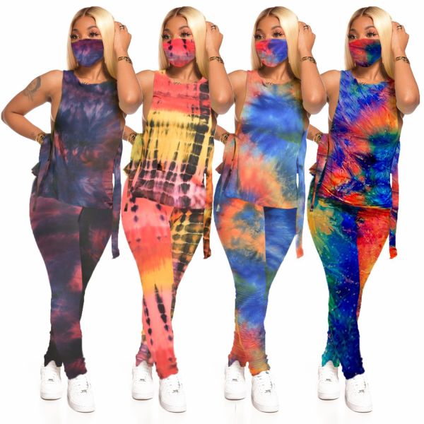 Tie-dyed round neck casual home sports trouser suit (including mask) JLX2077