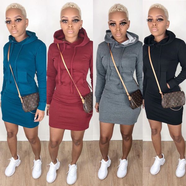 Slim Bodycon Solid Color Autumn Winter Hooded Dress With Pockets BS1142