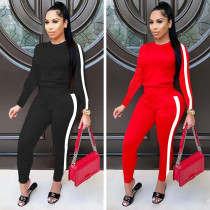 Sports Contrast Stitching Round Neck Long Sleeves T-Shirt With Trousers Two Piece Set TC030