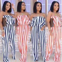 Summer new stripe print ruffled sexy wrap chest open back jumpsuit MH5005