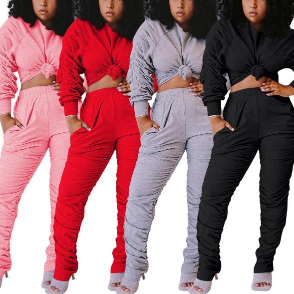 Womens hip-hop loose solid color cotton pants suit two-piece cotton QQM4077