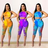 Fashion casual sexy tie-dye halter strap nightclub style five-point pants two-piece suit SM9090