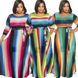 Large size women's striped print dress YF1066