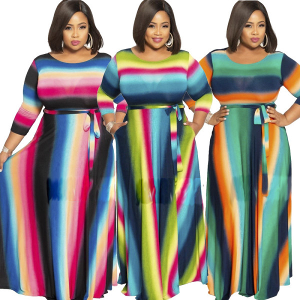 Large size women's striped print dress YF1066