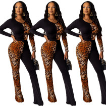Women's Leopard Colorblock Long Sleeve Jumpsuit YY5148