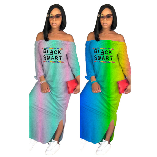 Casual Slash Neck Gradient Color Letter Printed Split Dress TM8124