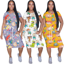 Women's cotton elastic waist short sleeve cartoon digital print dress AC8166