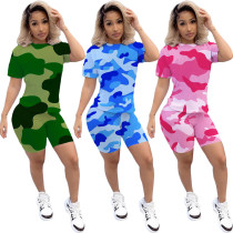 Women's camouflage printed short-sleeved T-shirt shorts sports suit LML091